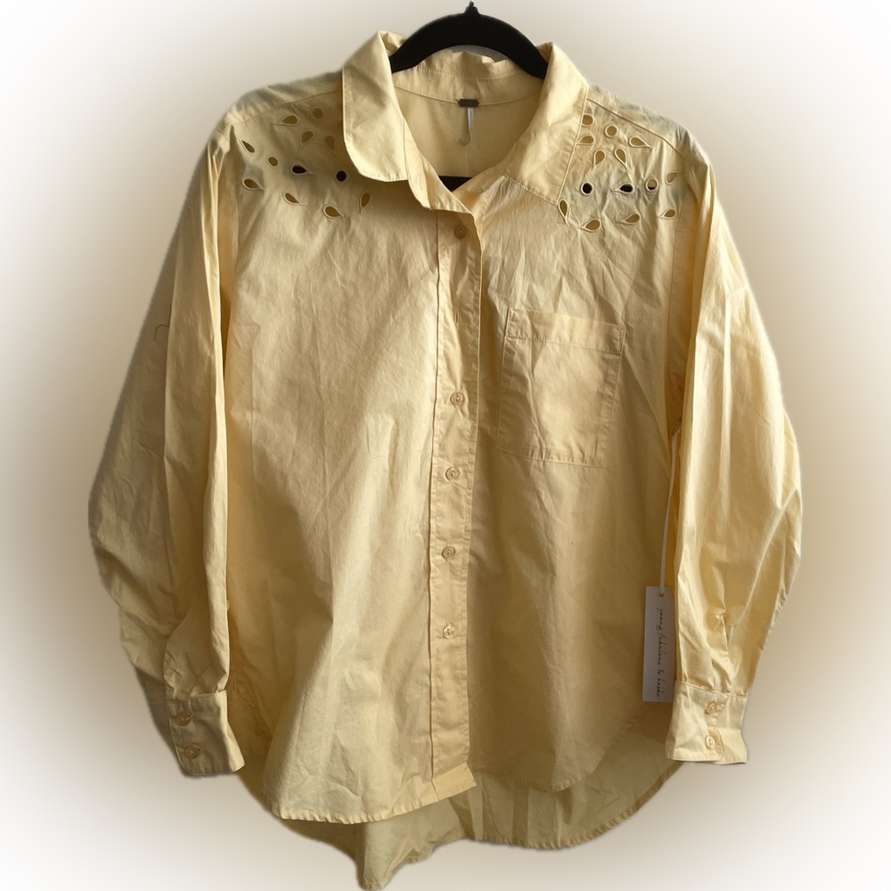 NEW YFB Cotton Button Down Shirt butter yellow Eyelet Floral summer office